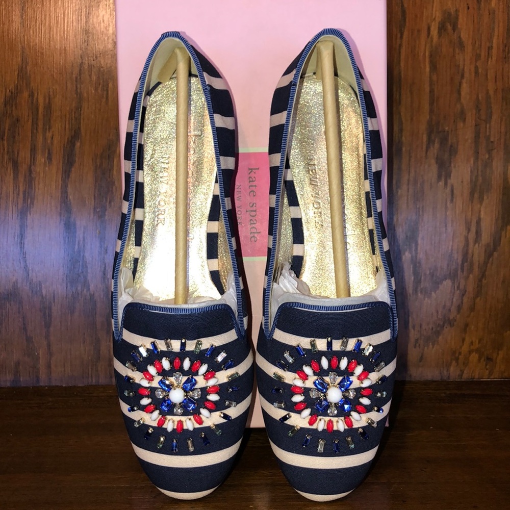NIB-Kate Spade-Fireworks-Tia Loafers-Striped-Red, White &Blue Stones-Size 9-$248